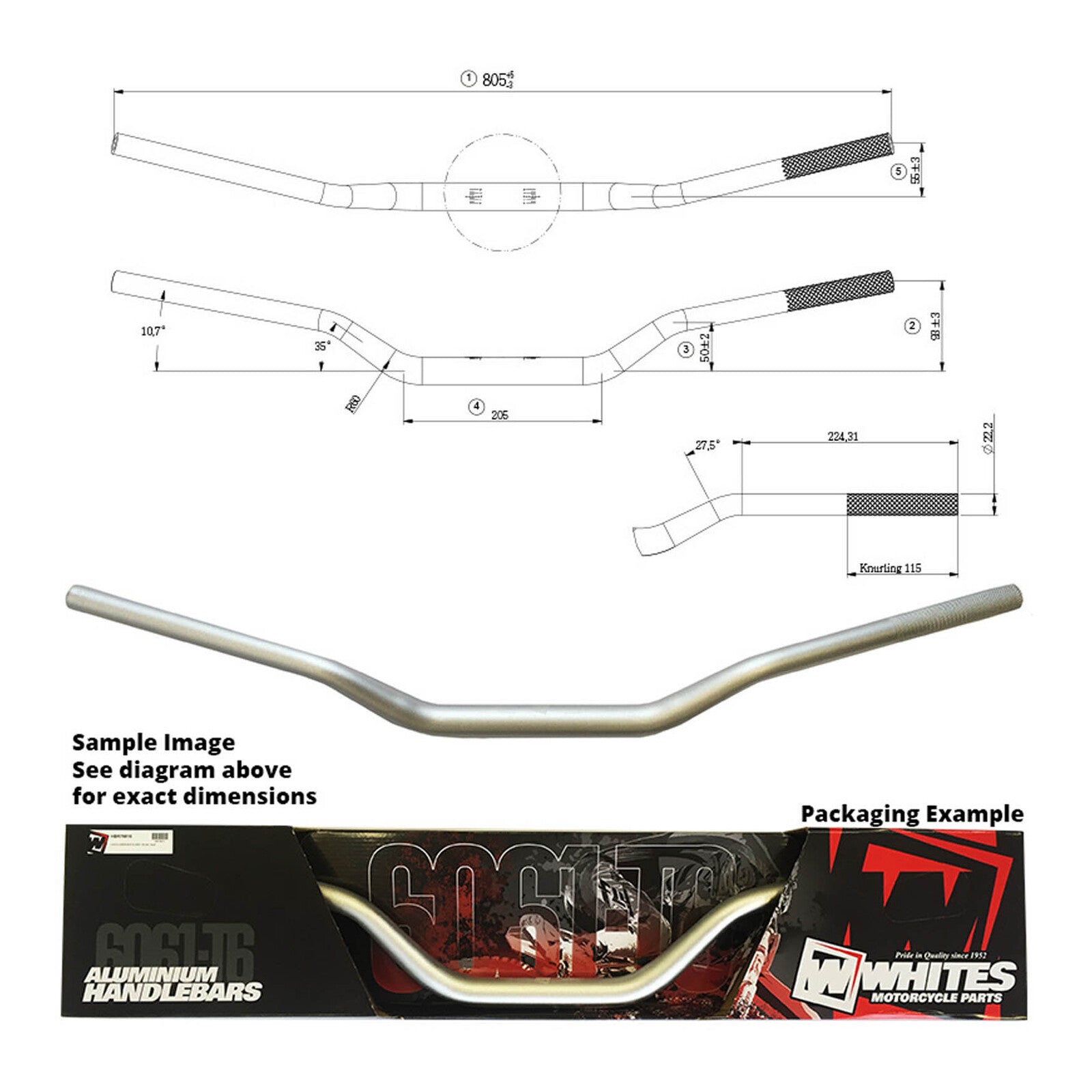 Whites Handlebar Taper AL6061 Silver KX/KXF/RMZ 1 1/8 (28.6mm)