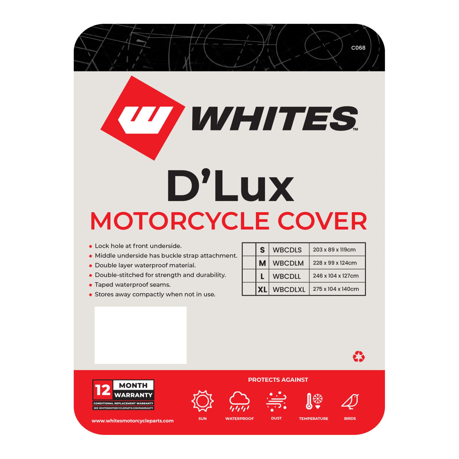Whites Motorcycle Cover - D'Lux (M) 228 x 99 x 124cm