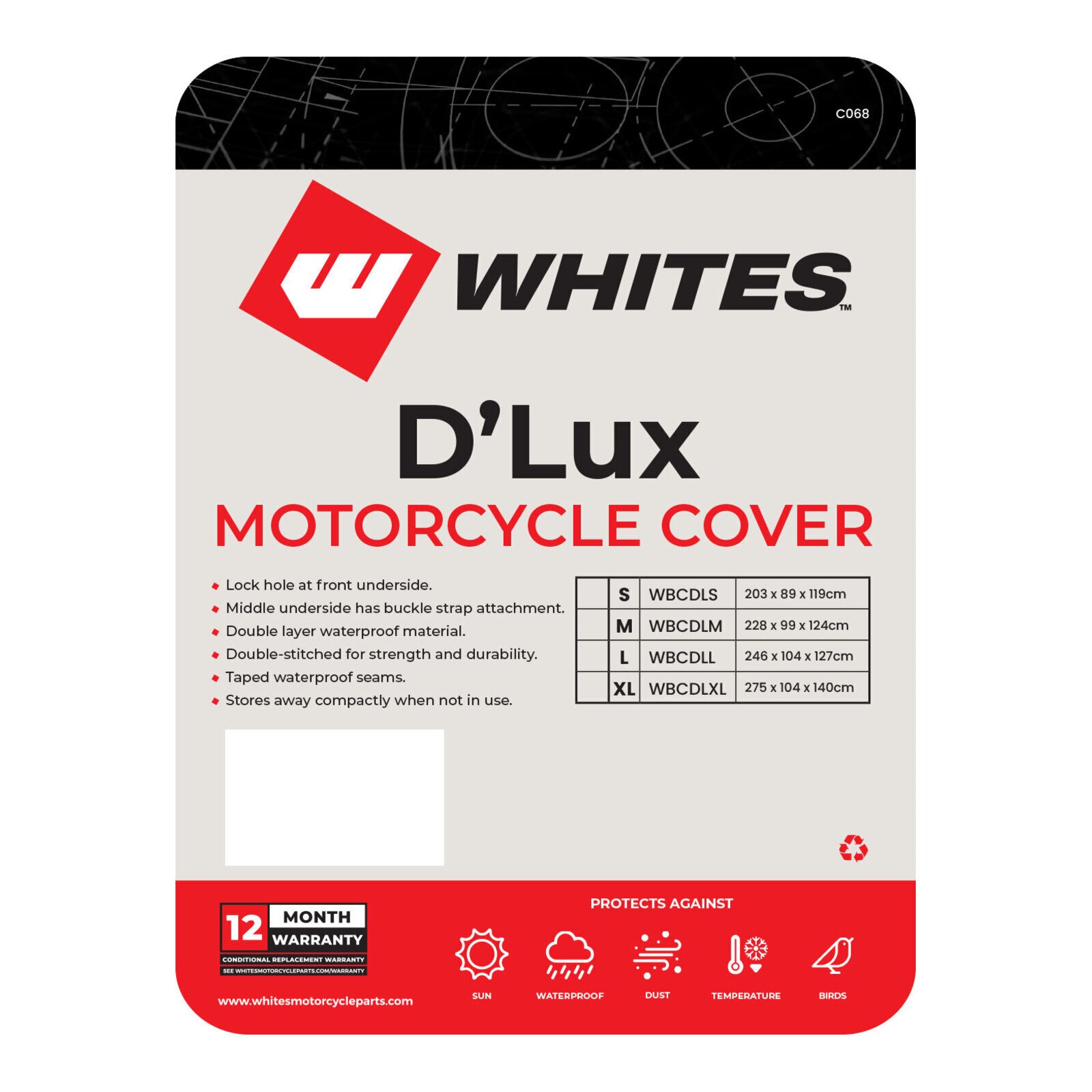 Whites Motorcycle Cover - D'Lux (XL) 275 x 104 x 140cm
